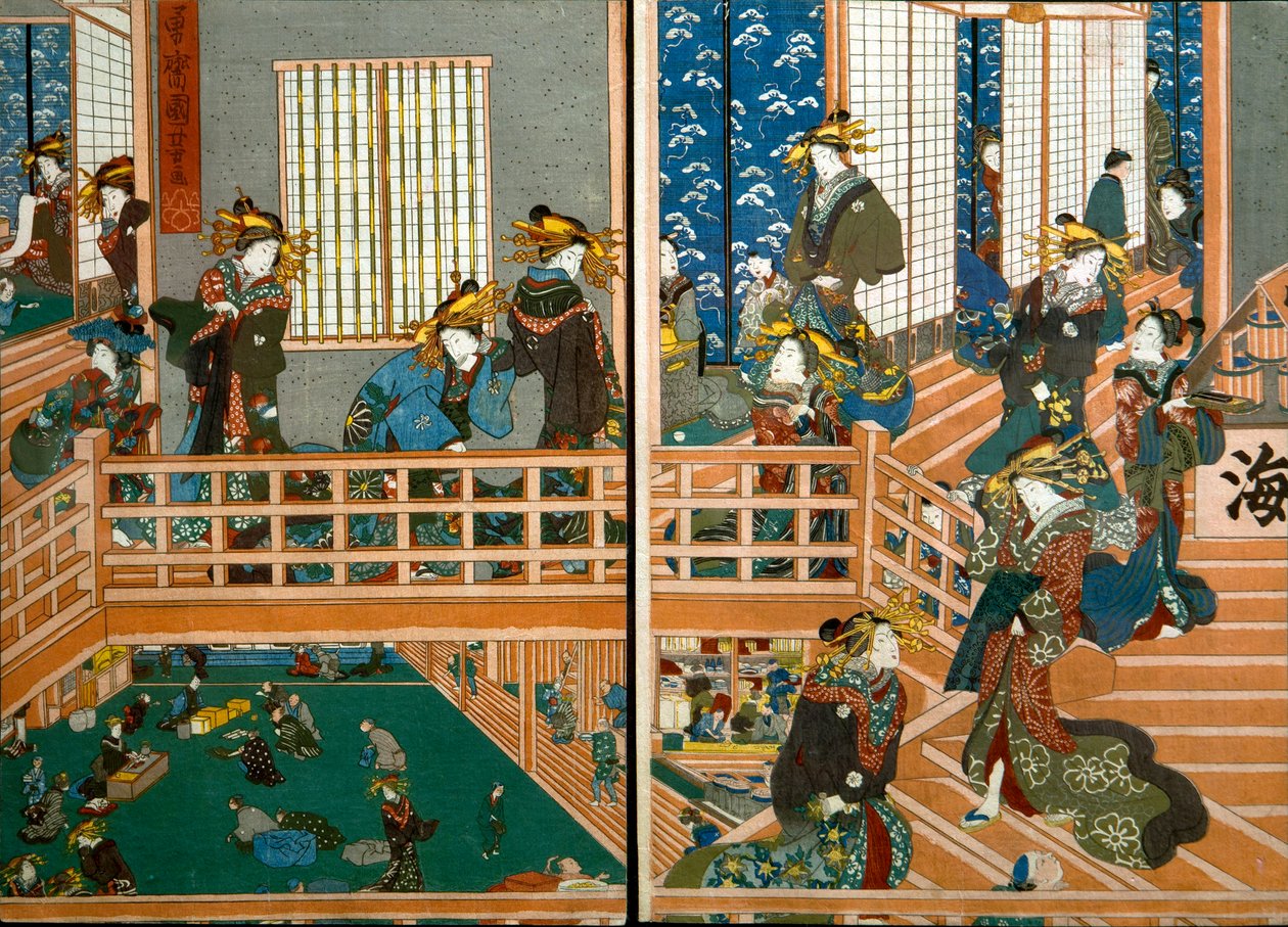 Vista aérea do andar superior de Kado-Ebiya de Utagawa Kuniyoshi