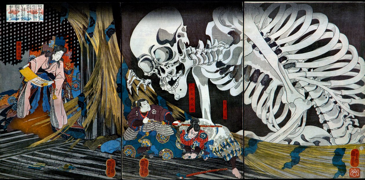 Princesa Takiyasha Chamando um Espectro de Esqueleto Monstruoso no Palácio Antigo em Sōma, c.1845-46 de Utagawa Kuniyoshi