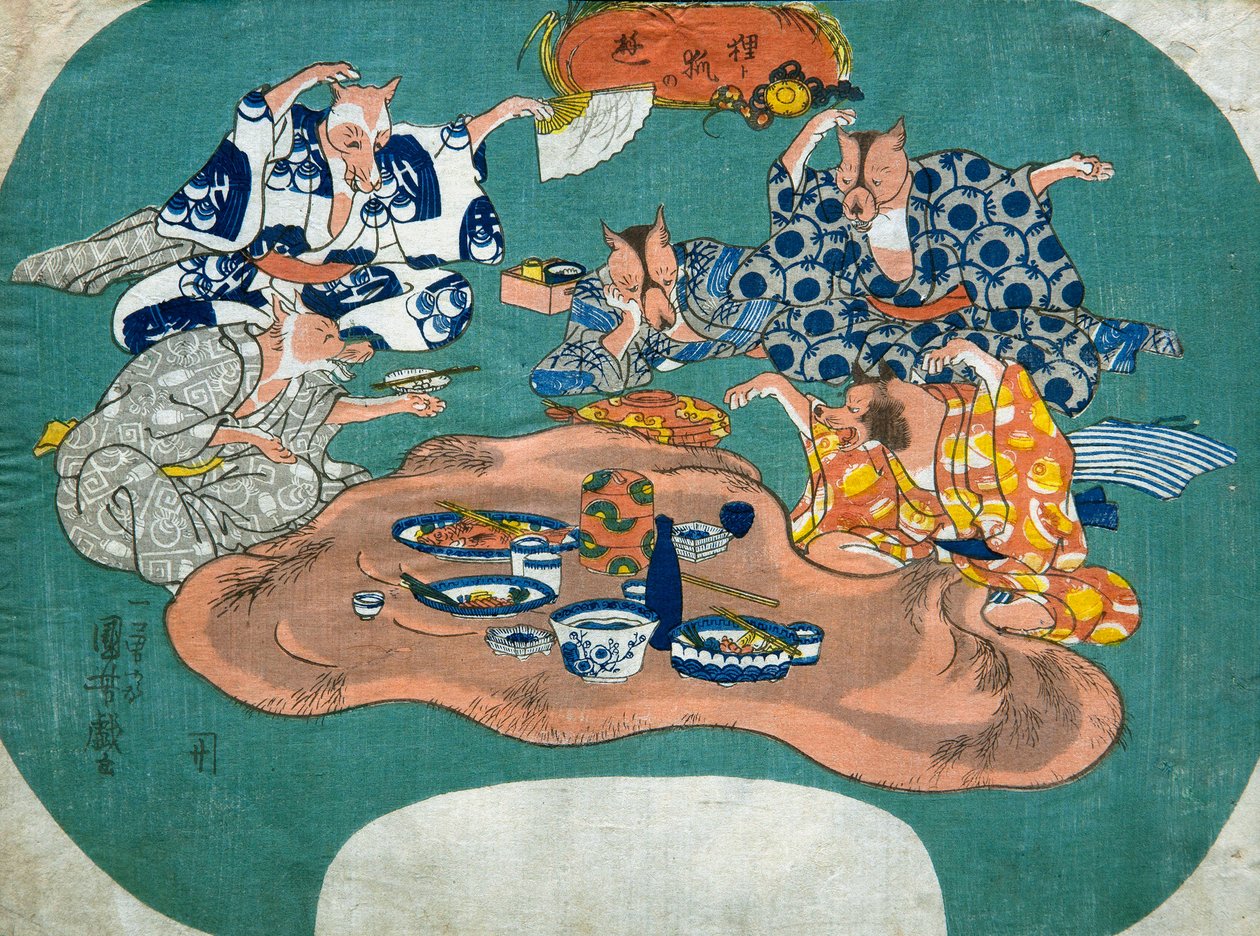 Racoon Dog and Fox at Play (Tanuki to kitsune no asobi), c.1842 de Utagawa Kuniyoshi