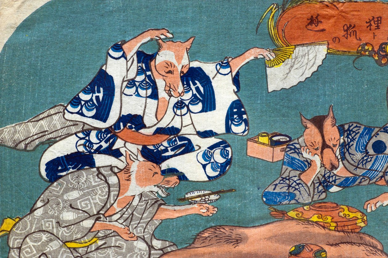 Racoon Dog and Fox at Play (Tanuki to kitsune no asobi), c.1842 de Utagawa Kuniyoshi