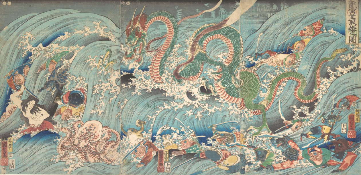 Recuperando a Jóia Roubada do Palácio do Rei Dragão, 1853. de Utagawa Kuniyoshi