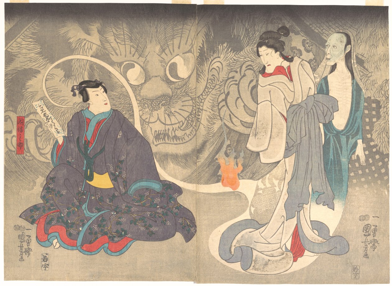 Cena de uma história de fantasmas: o demónio gato de Okazaki de Utagawa Kuniyoshi