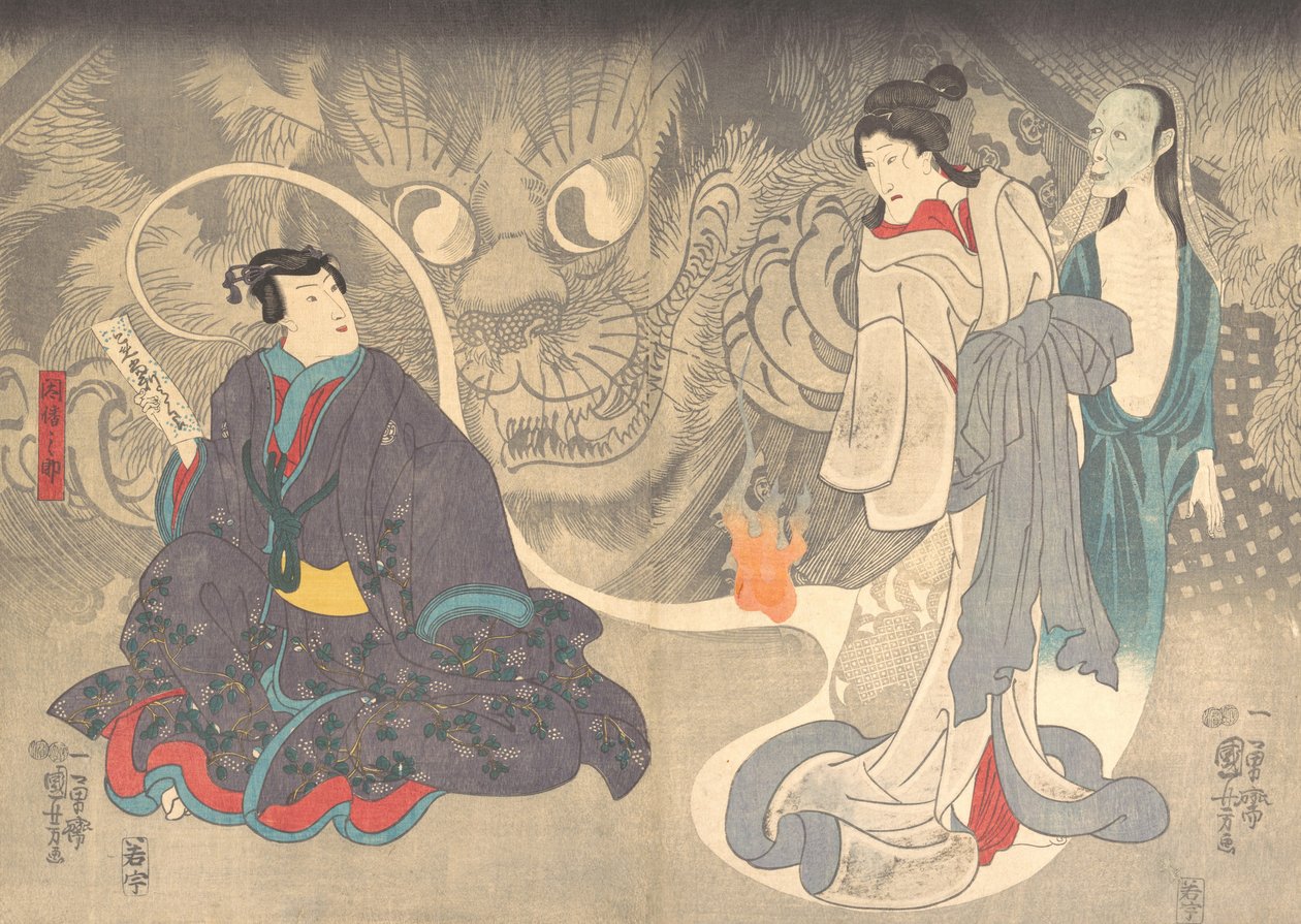 Cena de uma história de fantasmas: O Demônio Gato Okazaki, ca. 1850. de Utagawa Kuniyoshi