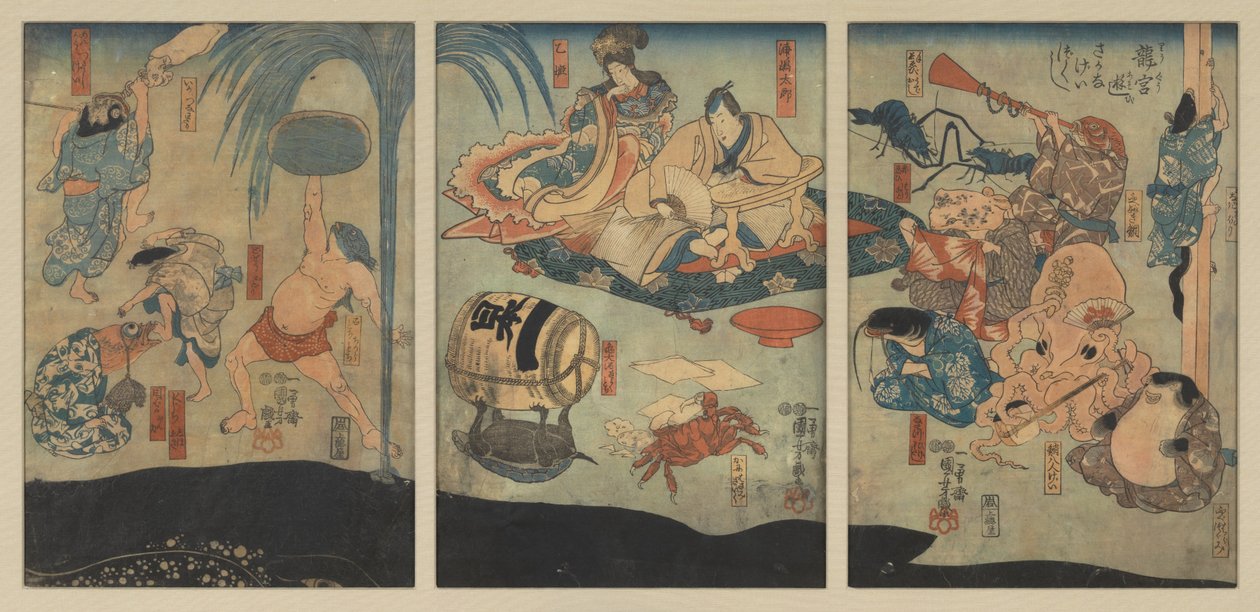 Criaturas marinhas entretêm Urashima Tarō e Oto Hime no Palácio do Dragão de Utagawa Kuniyoshi
