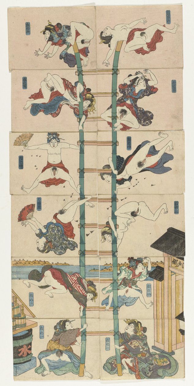 Série de doze koban Shunga com prostitutas no papel de bombeiros acrobáticos de Utagawa Kuniyoshi