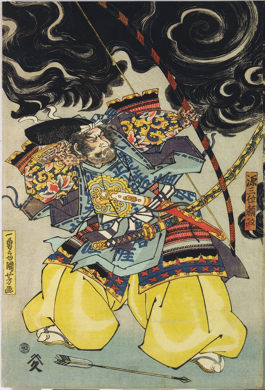 Folha de um tríptico de gravuras a cores, representando Minamoto no Yorimasa, auxiliado por Ii Hayata e Watanabe Choshichi, a abater a nue do telhado do palácio do Imperador Konoe: Japão, Edo, de Utagawa Kuniyoshi, c. 1820 - 1825 de Utagawa Kuniyoshi