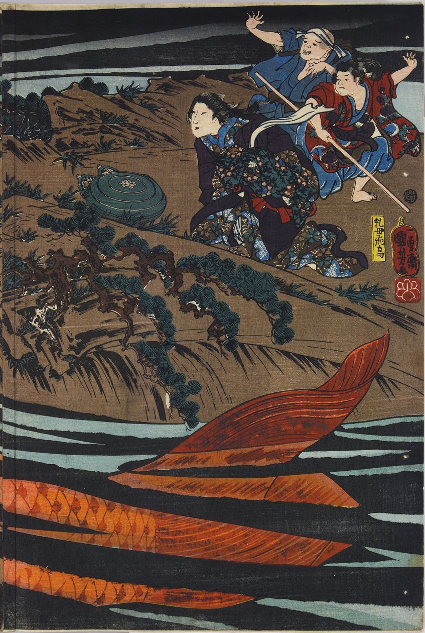 Folha de um tríptico de gravuras a cores, representando Oniwaka-maru (o futuro Musashibo Benkei) prestes a atacar a carpa gigante que devorou a sua mãe: Japão, Edo, de Utagawa Kuniyoshi, c. 1845 de Utagawa Kuniyoshi