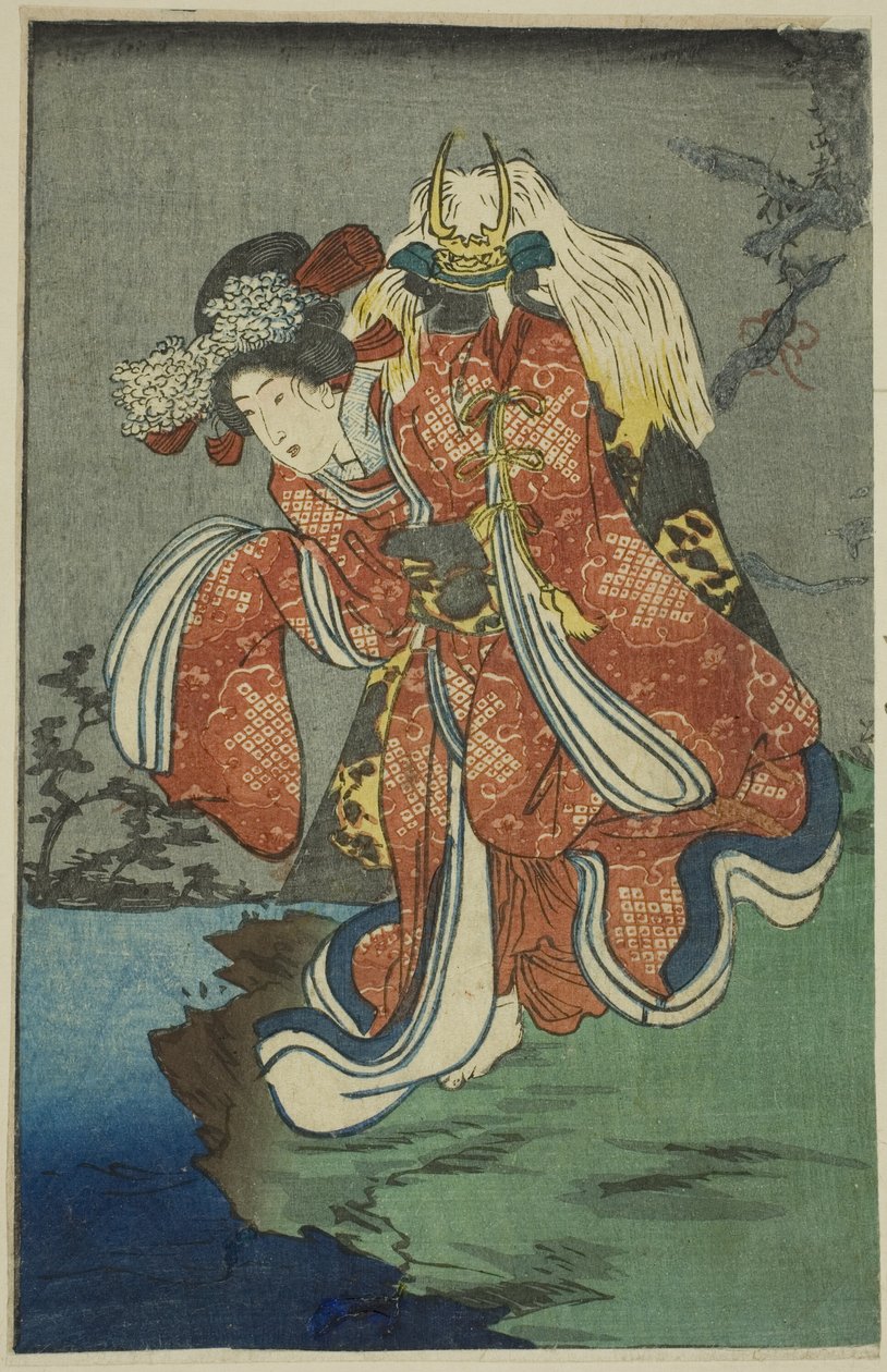 Shizuka Gozen, trecho de uma folha da série "A Harimaze Mirror of Joruri Plays" de Utagawa Kuniyoshi