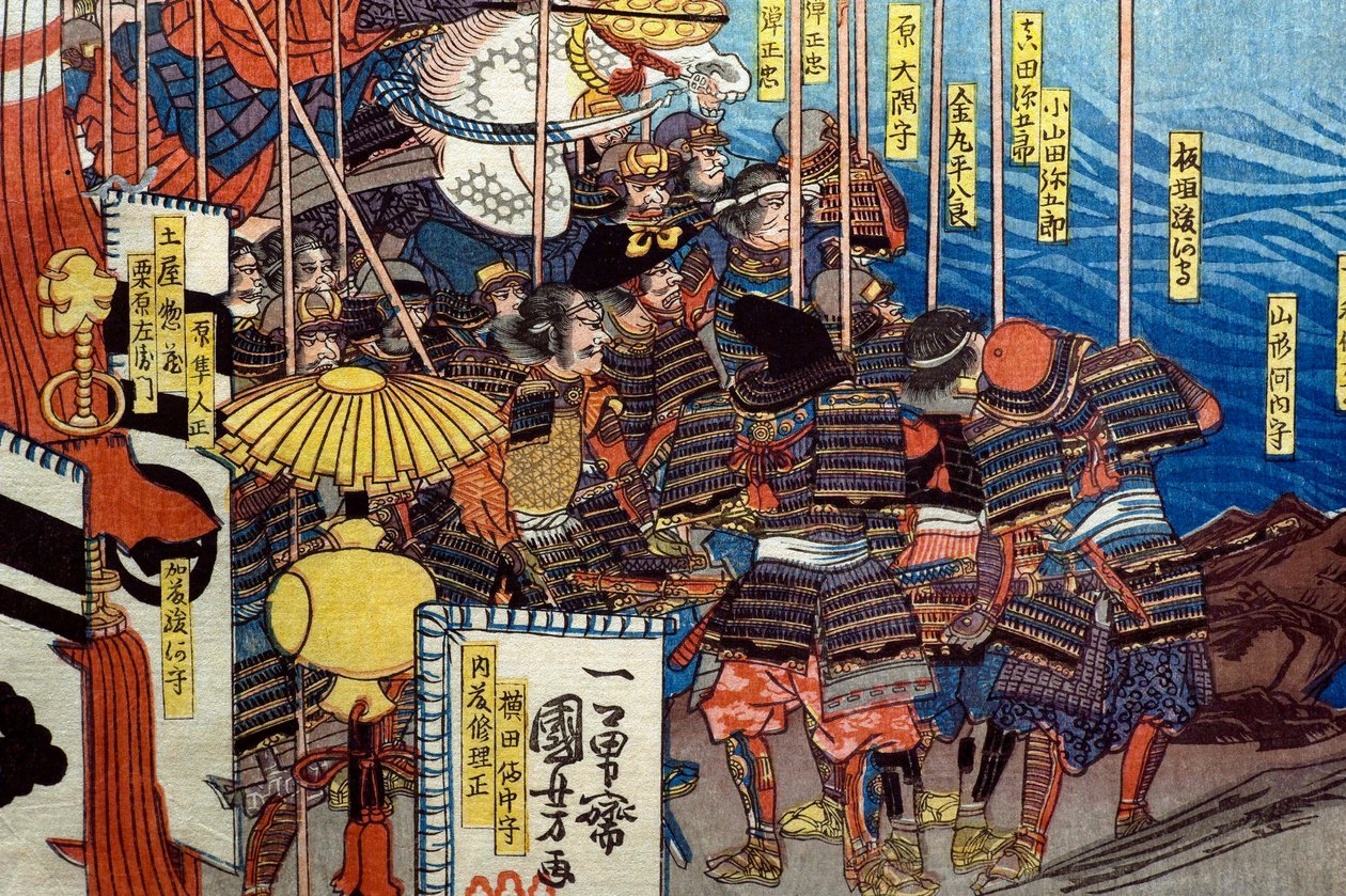 Takeda Shingen Chrushes the Forces of Suwa Yorishige (Takeda Shingen Suwa Yorishige no jinchū o uchi-kuzusu zu), c.1850-51 de Utagawa Kuniyoshi