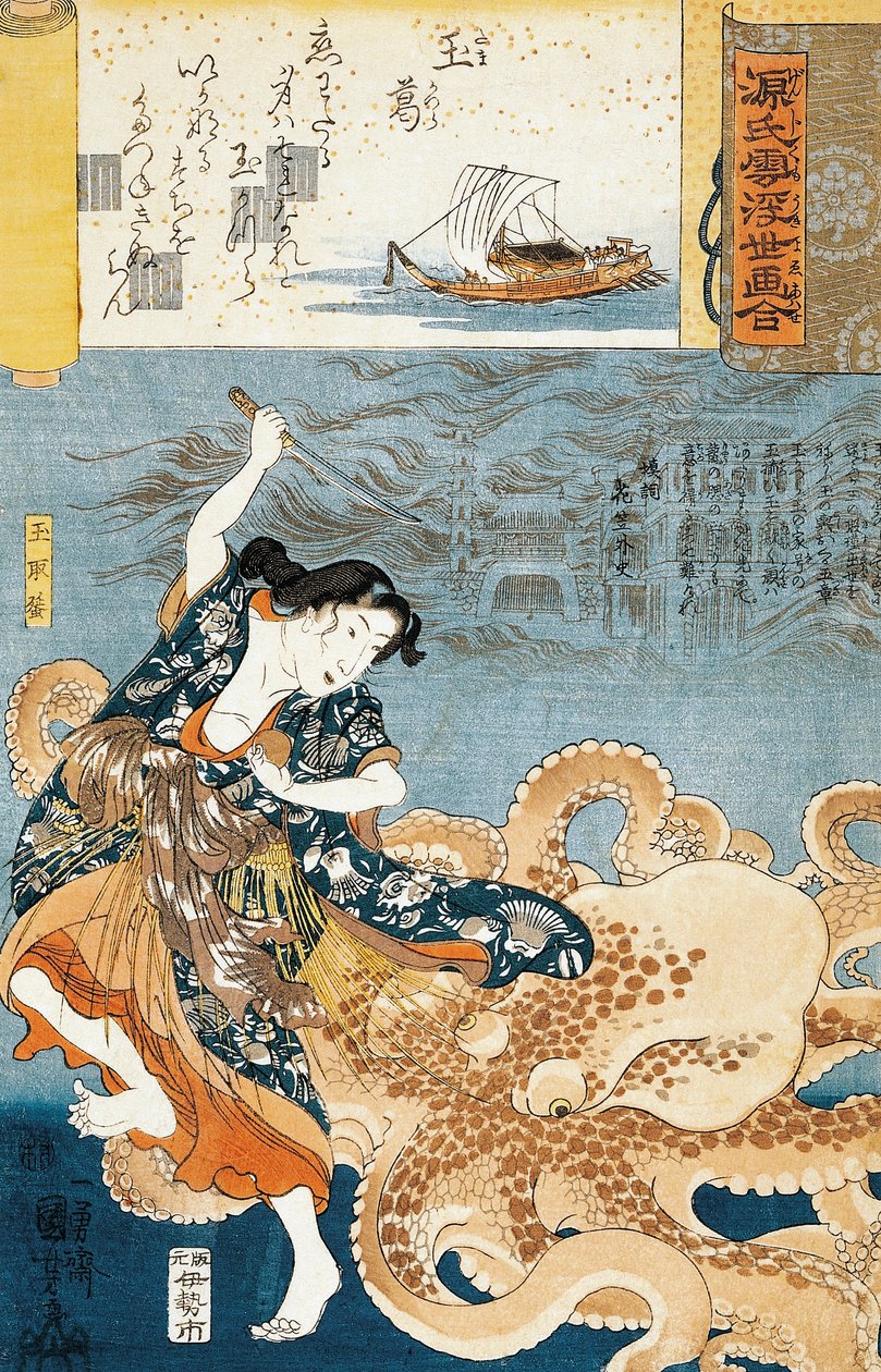 Tamatori (Mergulhador fêmea), Ser atacado por polvo enquanto agarra a jóia sagrada de Utagawa Kuniyoshi