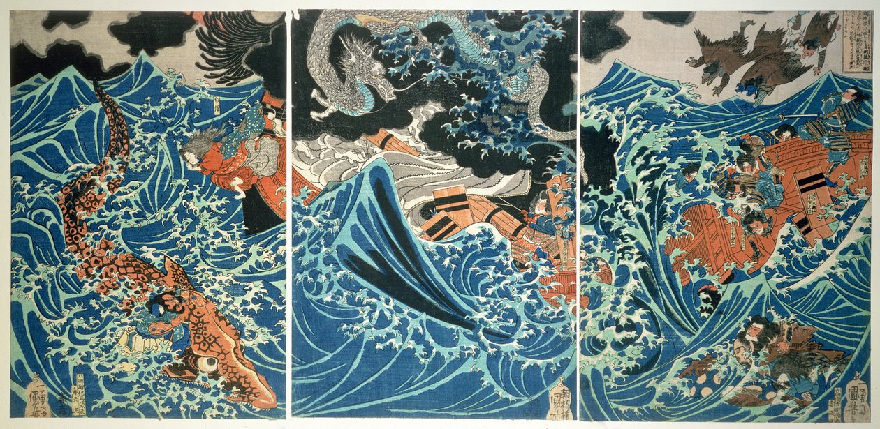 Naufrágio do Tametomo, pub. c.1836, (impressão em xilogravura a cores) de Utagawa Kuniyoshi