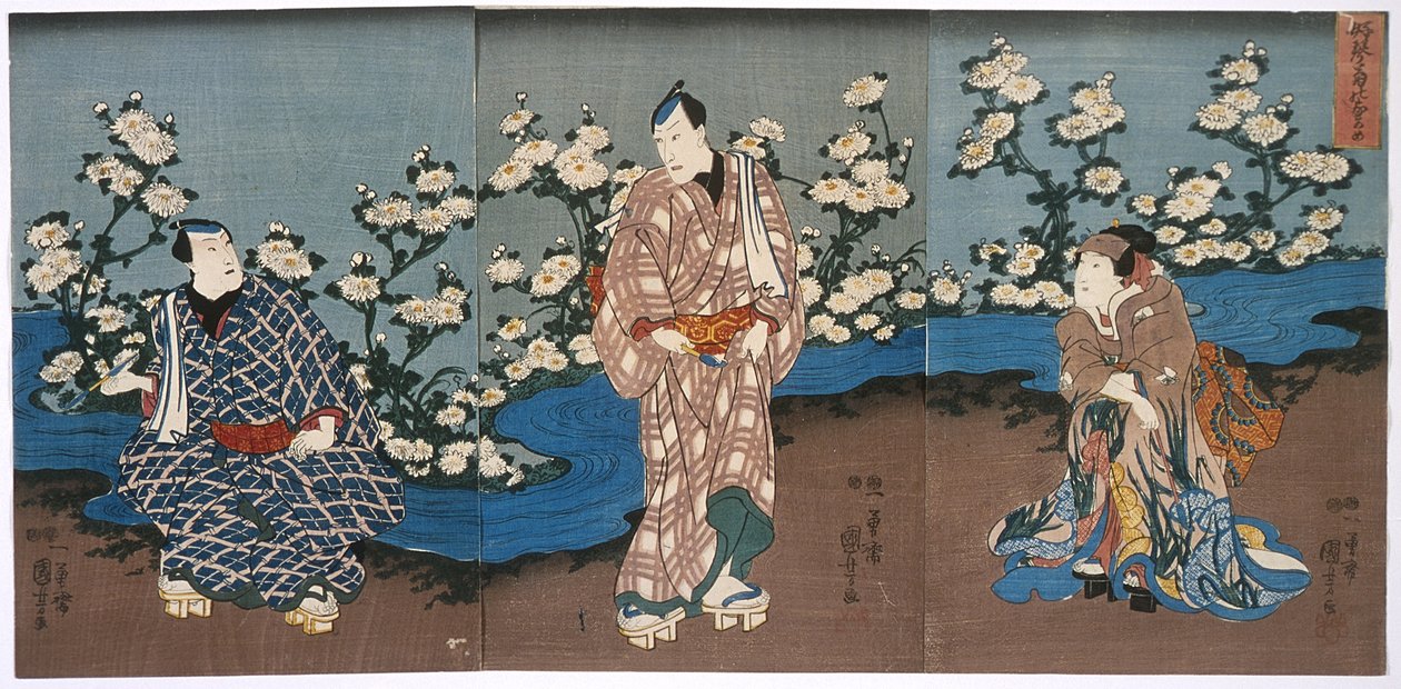 O ator Onoe Kikugorō III a contemplar crisântemos e um ribeiro de Utagawa Kuniyoshi