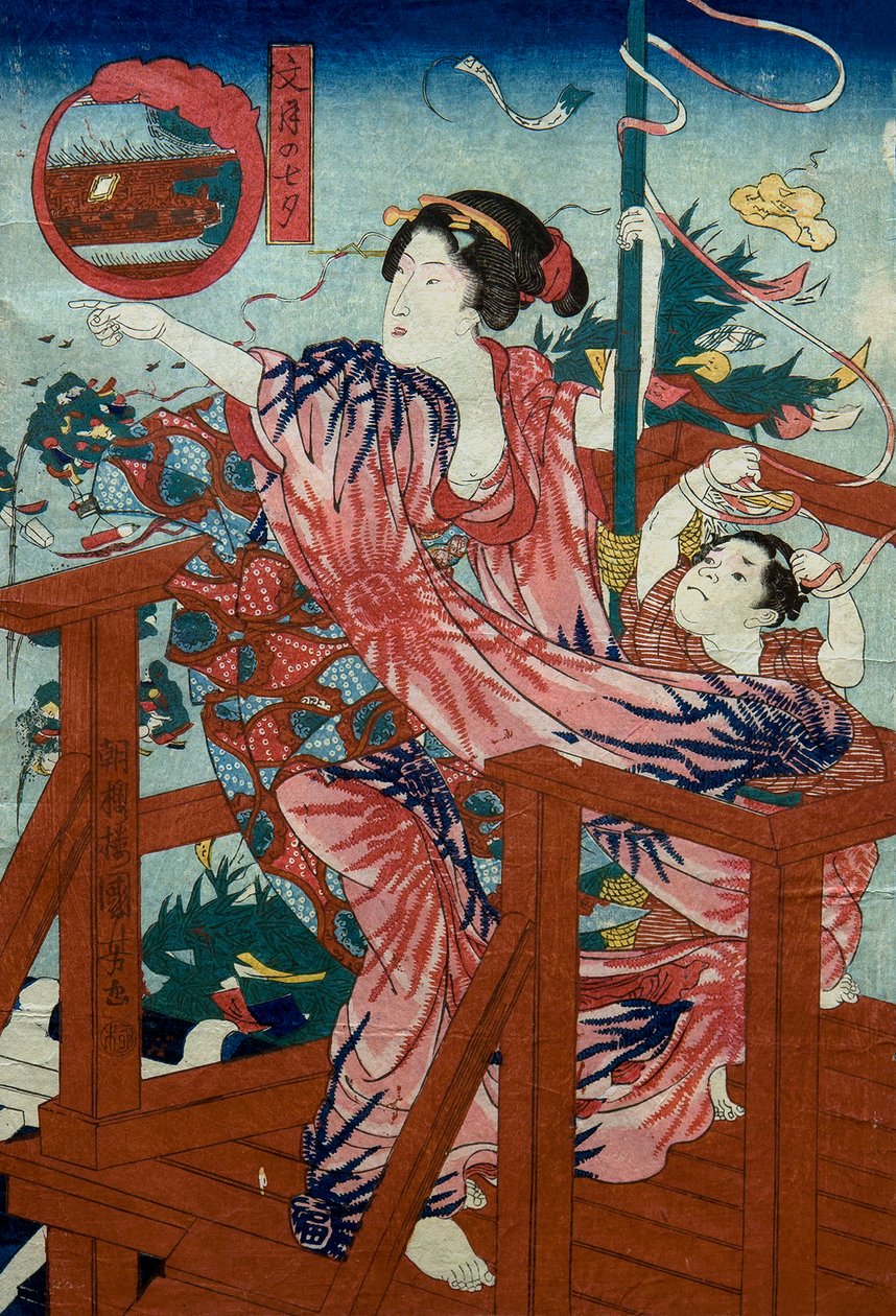 Festival das Estrelas do Sétimo Mês (Fumizuki no tanabata) Série sem título de mulheres com filhos nos doze meses, c.1836 de Utagawa Kuniyoshi