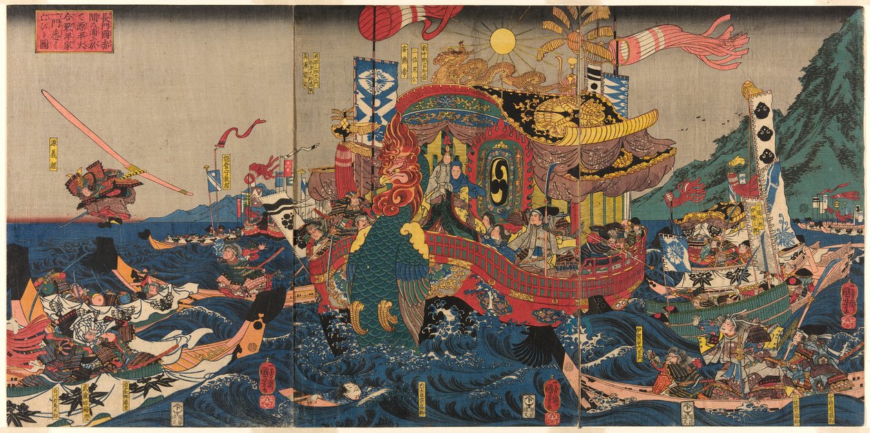 Derrota total do Clã Taira na Grande Guerra de Genpei na Baía de Akama na Província de Nagato (Nagato no Akama no ura ni oite Genpei ogassen Heike ichimon kotogotoku horobiru zu) de Utagawa Kuniyoshi