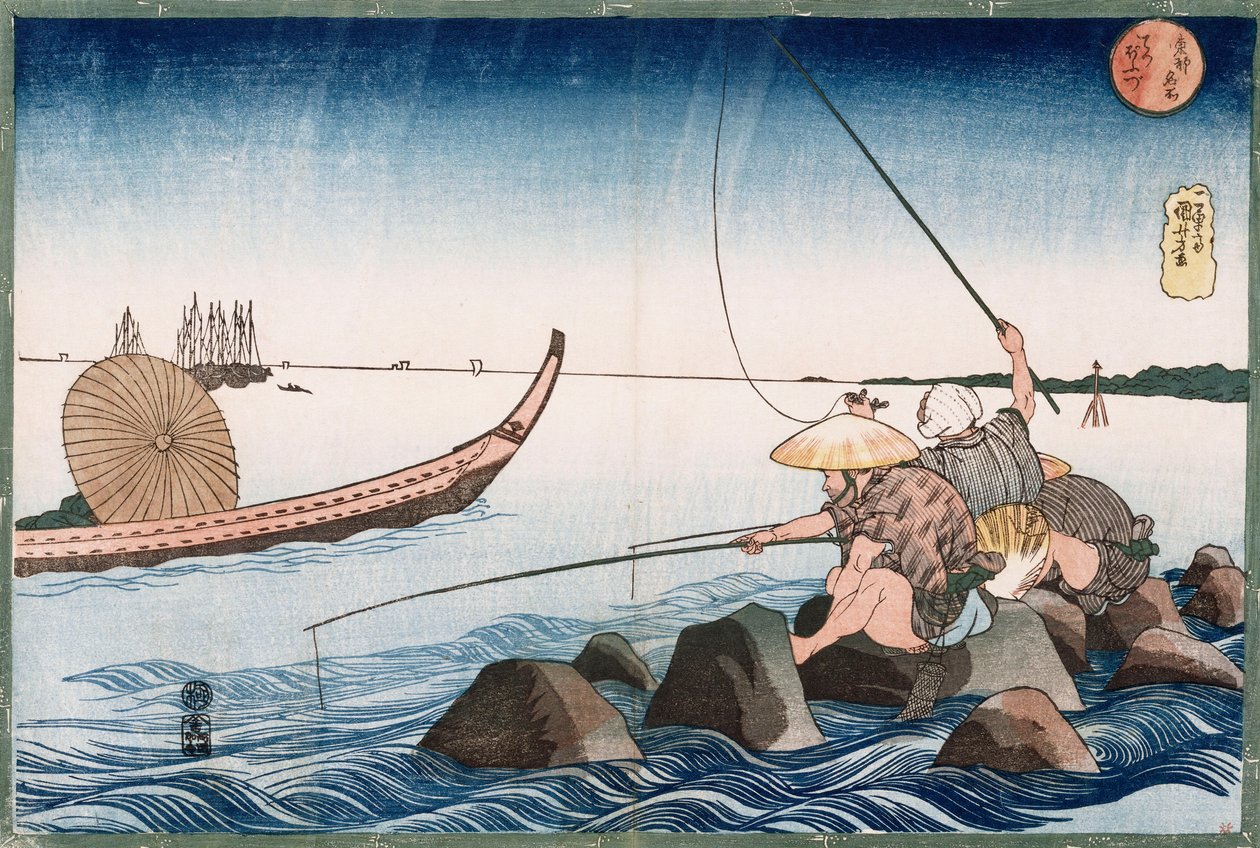 Três pescadores pescando em Teppozu ", da série" Lugares famosos da capital oriental " de Utagawa Kuniyoshi