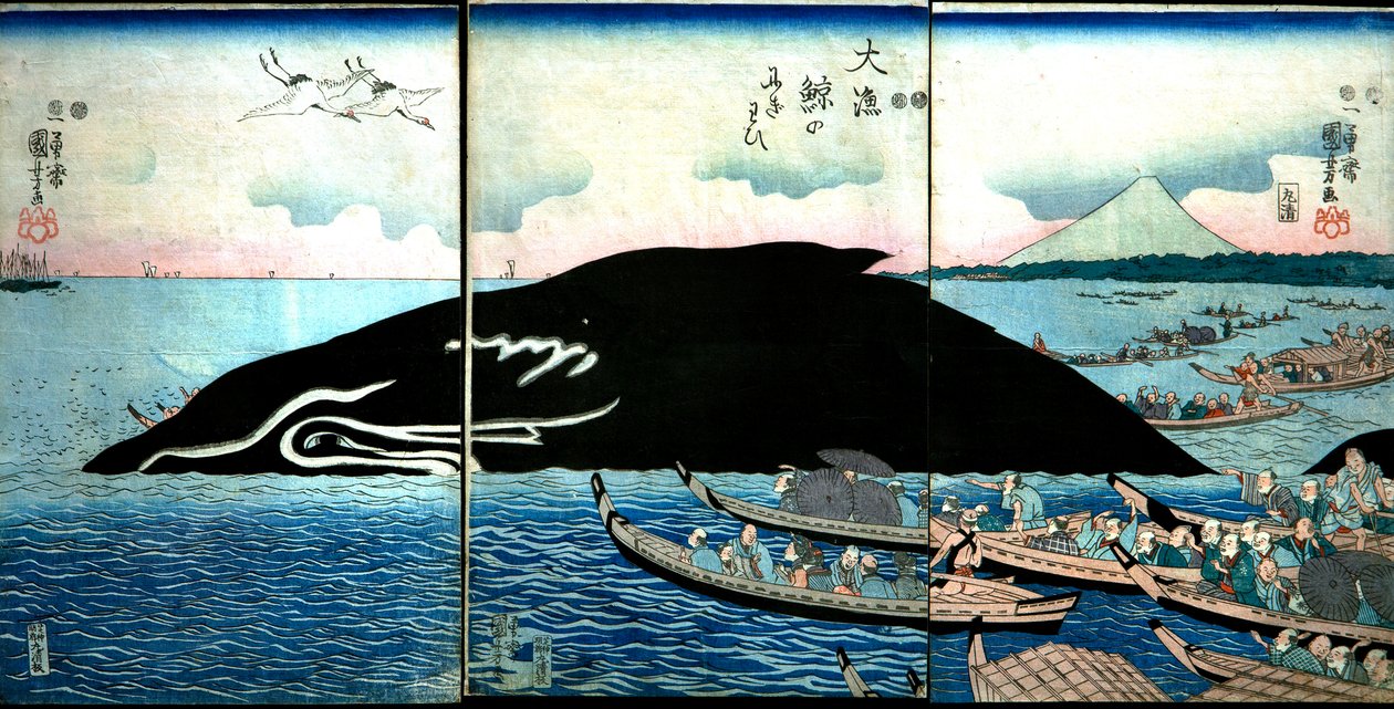 Throng de pessoas ao redor de uma baleia capturada de Utagawa Kuniyoshi