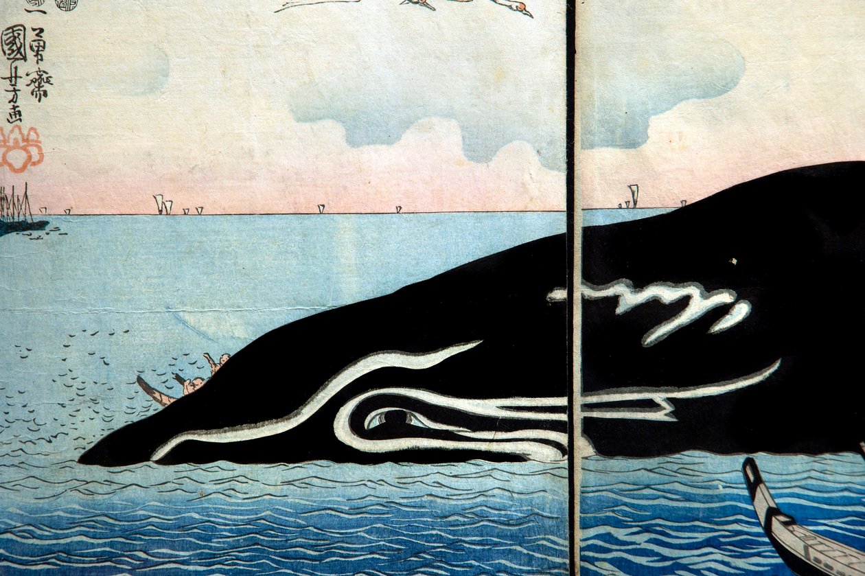 Throng de pessoas ao redor de uma baleia capturada de Utagawa Kuniyoshi