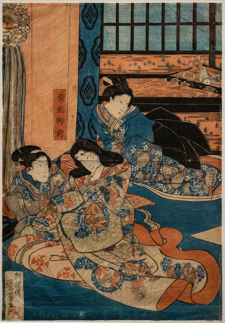 Tokiwa Gozen, amante de Minamoto no Yoshitsune, numa cena de Kabuki (xilogravura sobre papel) de Utagawa Kuniyoshi