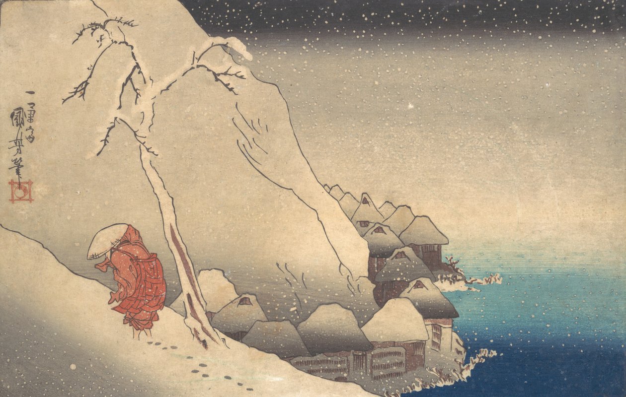 Viajando em uma tempestade de neve, ca. 1830. de Utagawa Kuniyoshi
