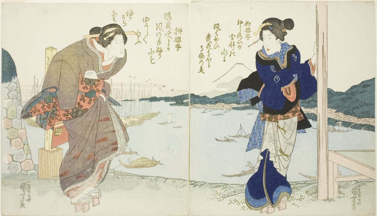 Duas mulheres por uma casa de chá em Takanawa de Utagawa Kuniyoshi