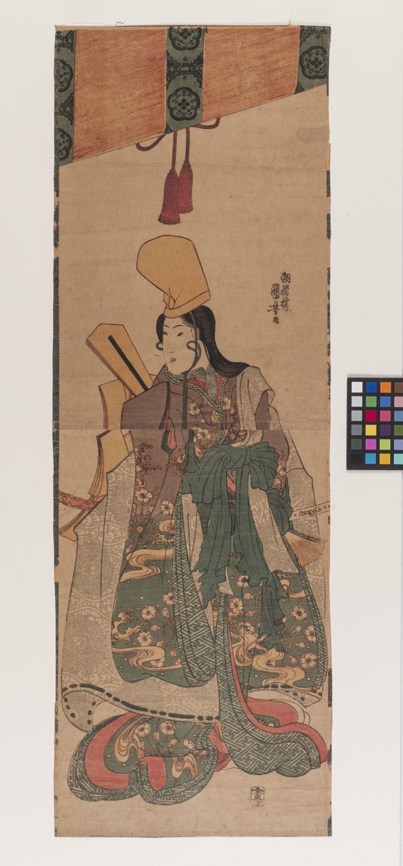 Sem título; título dado: Shirabyōshi Beneath Sudare (Sudare shita no shirabyōshi), cerca de 1840 (xilogravura a cores) de Utagawa Kuniyoshi