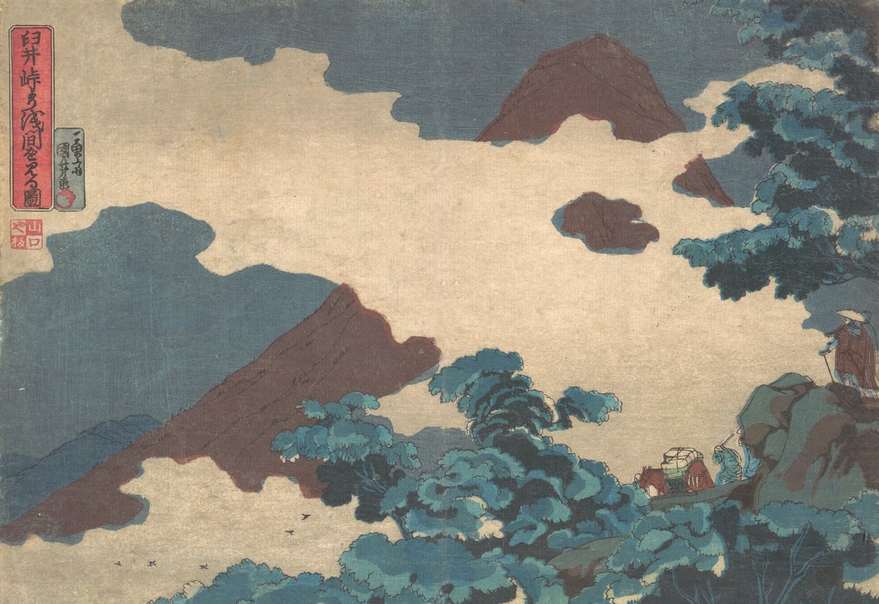 Vista do Monte Asama do Passo Usui, ca. 1850. de Utagawa Kuniyoshi
