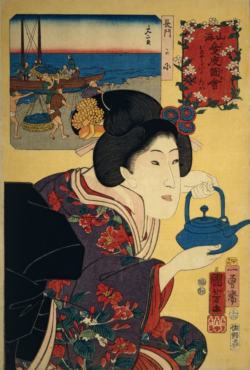 Garçonete com chaleira de saquê, com a praia Nagato retratada em imagem de fundo de Utagawa Kuniyoshi