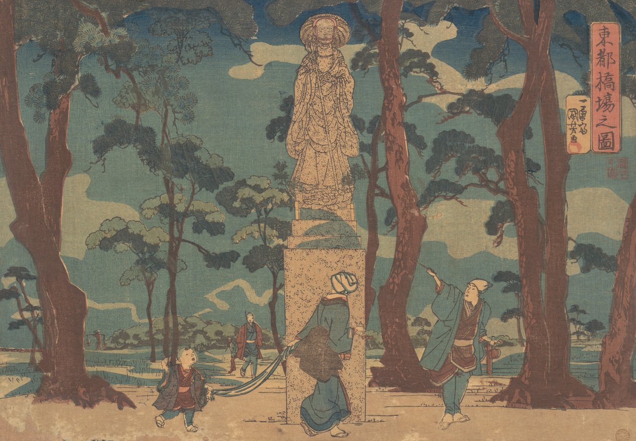 Viajantes olhando para a estátua de Jizo Bosatsu em um bosque de pinheiros em Hashiba, ca. 1840., de Utagawa Kuniyoshi