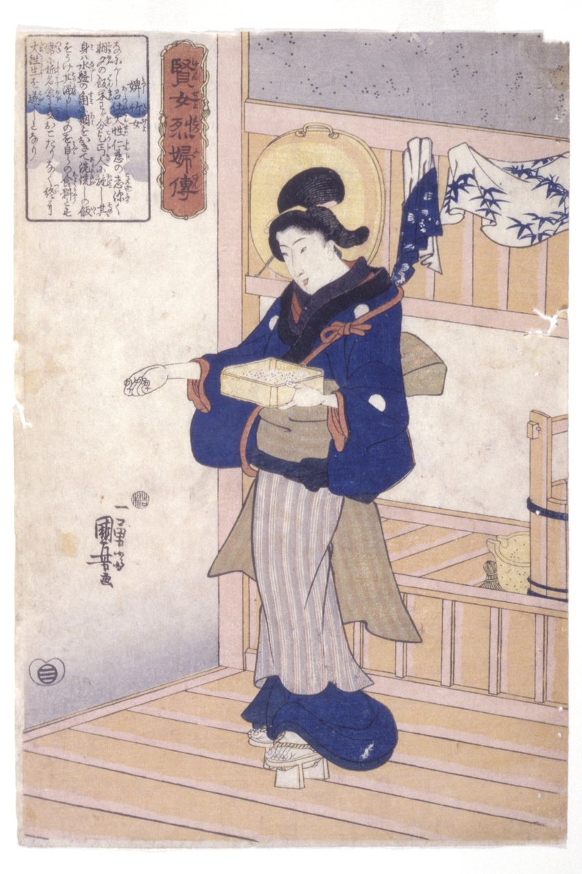 Mulher com caixa de sementes (impressão em bloco de madeira a cores) de Utagawa Kuniyoshi