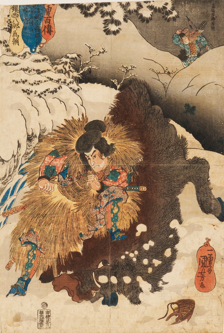 Impressão em xilogravura - Chinzei Hachiro Tametomo derrubando um javali nas montanhas nevadas de Mashik de Utagawa Kuniyoshi