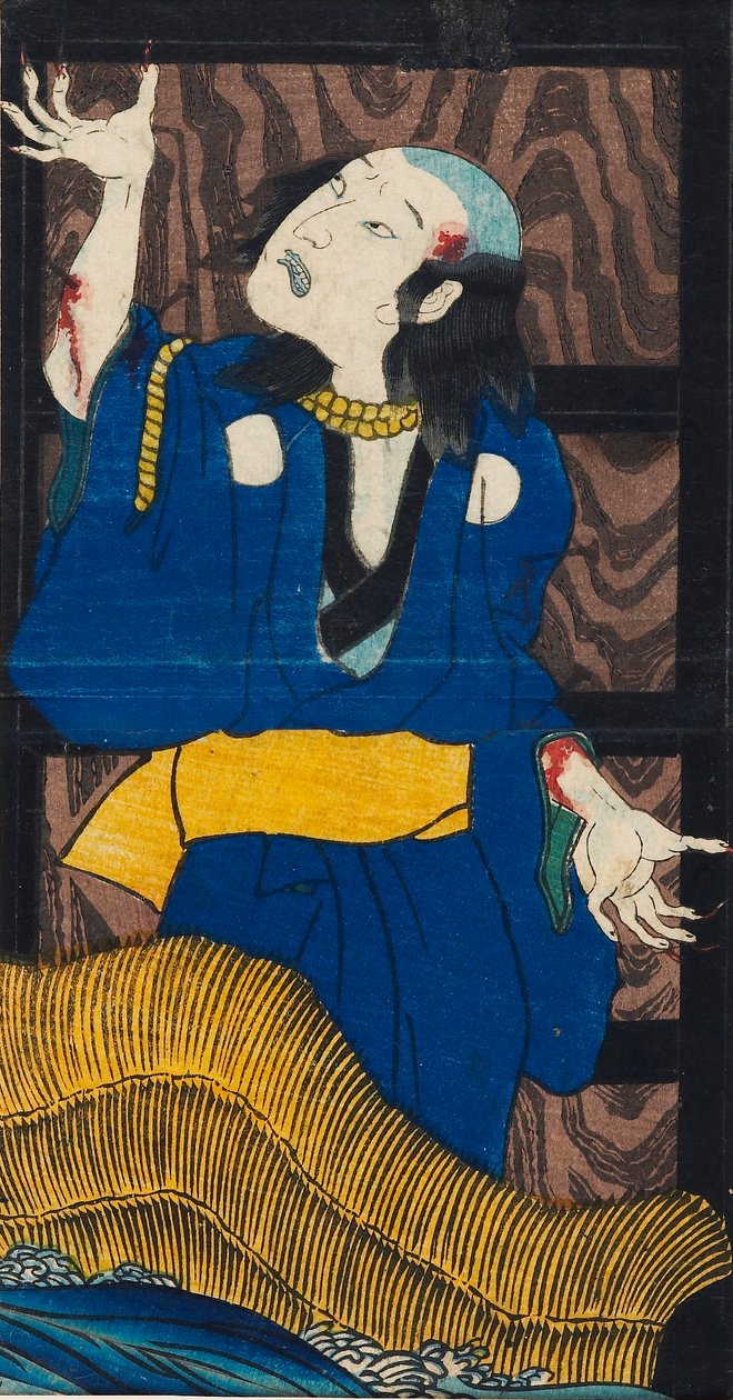 Impressão em xilogravura - cena da peça Yotsu-ya kaidan A história de Oiwa e Tamiya Iemon de Utagawa Kuniyoshi