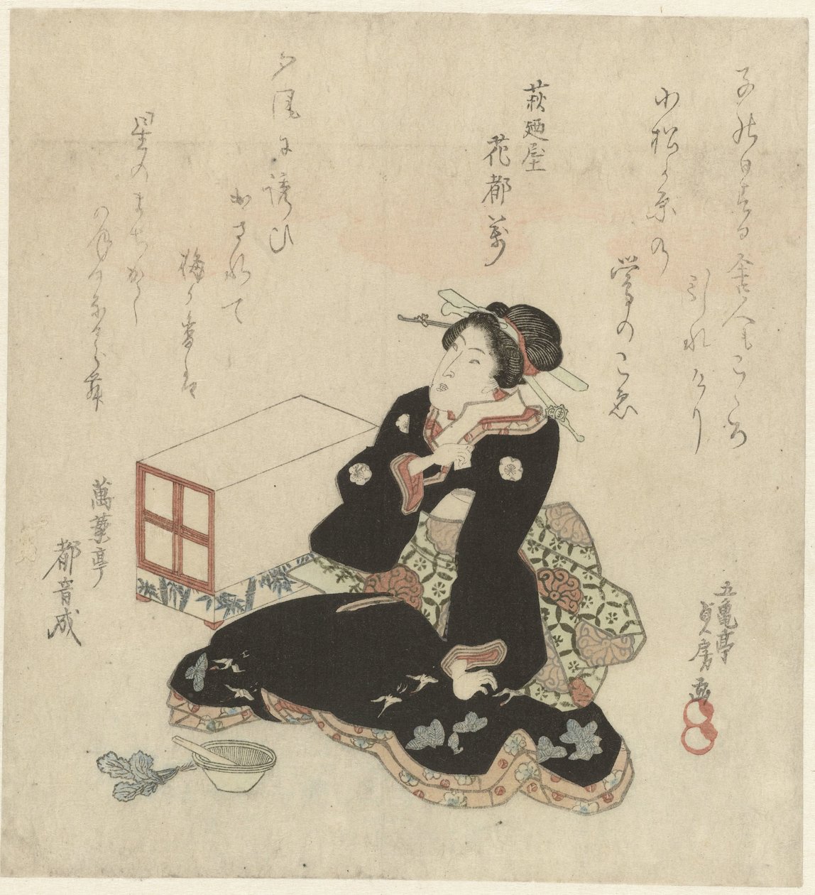 Mulher preparando verduras em um almofariz de Utagawa Sadafusa