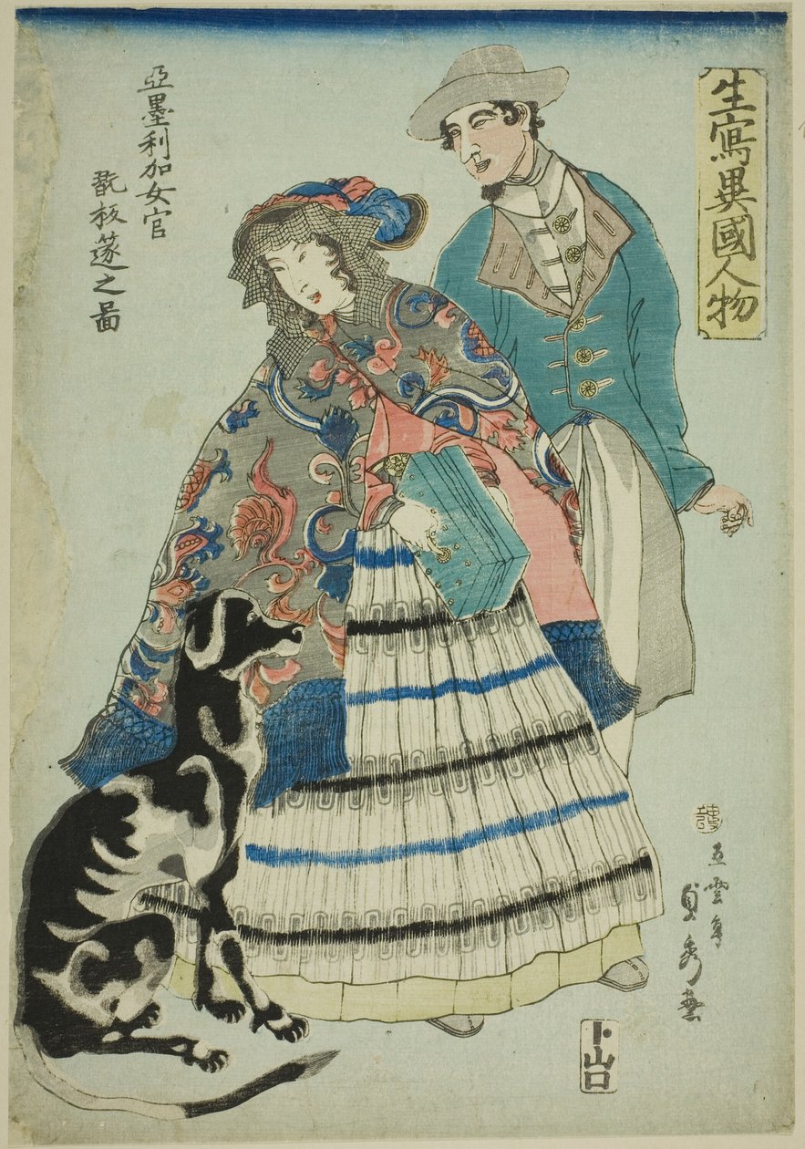 Akko rujion, um homem que paga um americano (um desenho de uma dama de companhia americana que puxa Ako), da série "por exemplo")” de Utagawa Sadahide