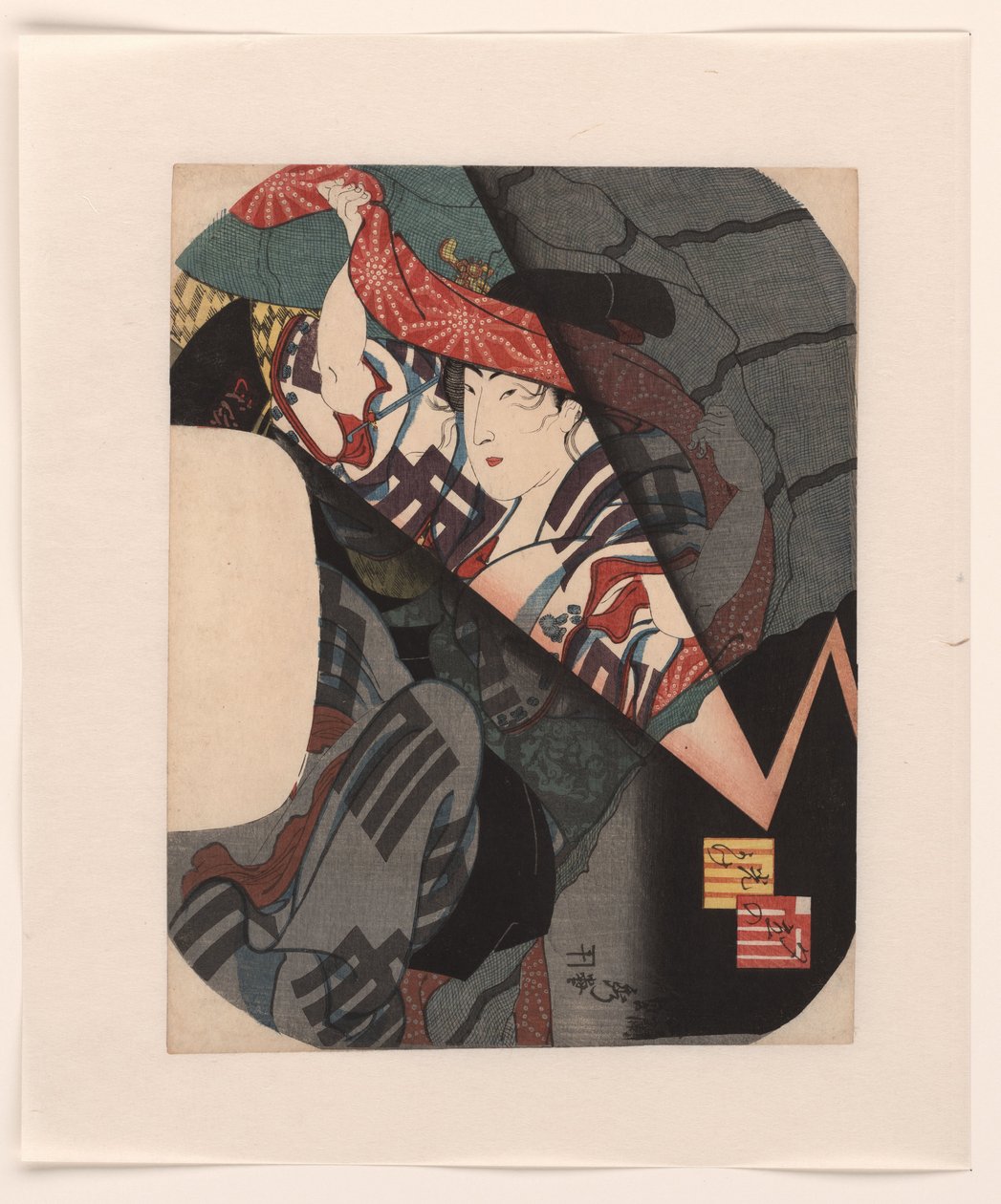 Abrigar-se durante uma súbita trovoada nocturna.
Yudachi no hikariyoke (título sobre o objecto) de Utagawa Sadahide