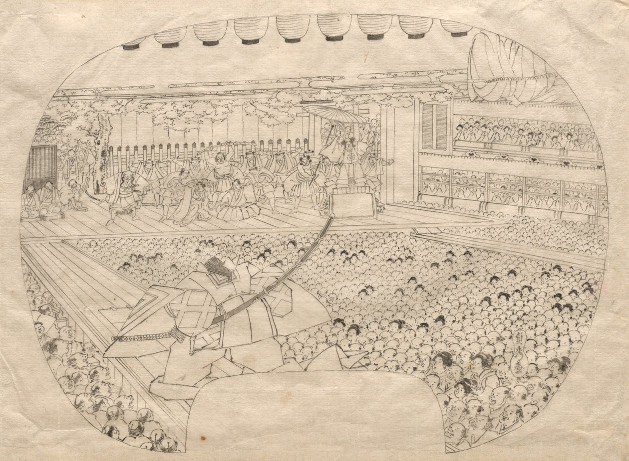 Design para impressão em forma de leque do Teatro Kabuki de Utagawa Sadahide