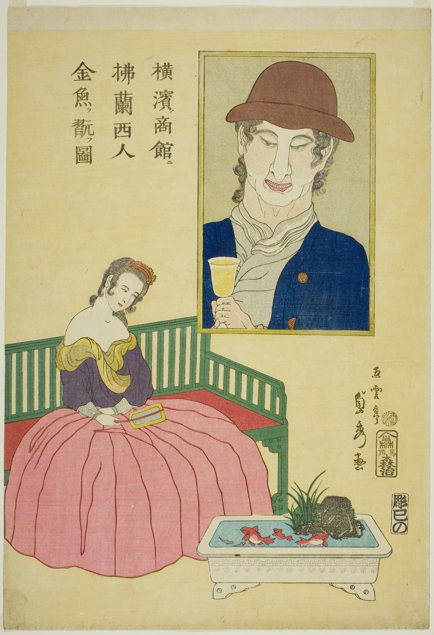 F ren ch mulher admirando post peixe LD no escritor Yokohama de Utagawa Sadahide
