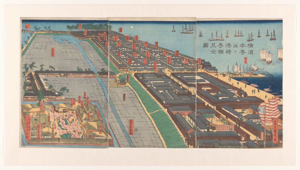 Visão geral do distrito de Honcho e do bairro de Miyozaki em Yokohama Yokohama Honcho narabi Miyozakicho saiken zenzu (título no objeto) Uma representação completa e detalhada de Honcho e Miyozakicho em Yokohama de Utagawa Sadahide
