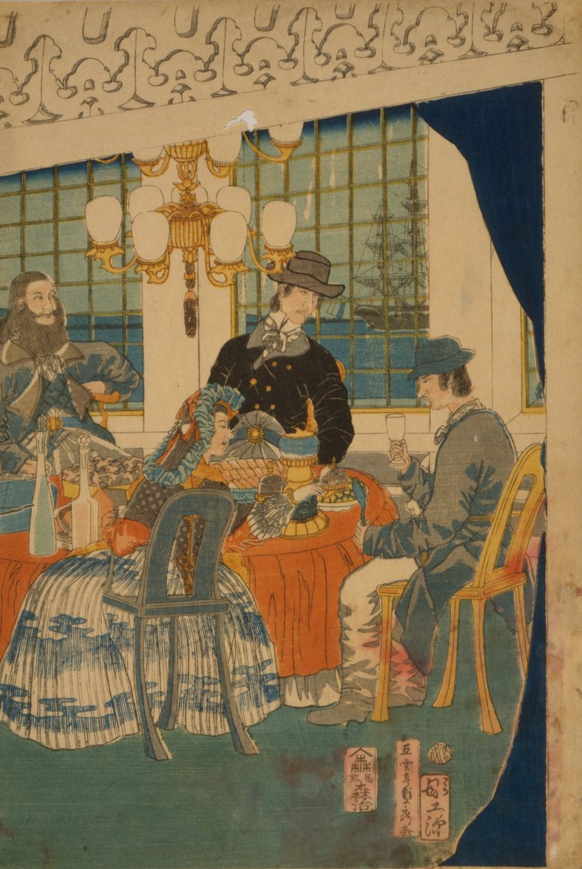 Salão de uma casa mercantil estrangeira em Yokohama, 1861 de Utagawa Sadahide