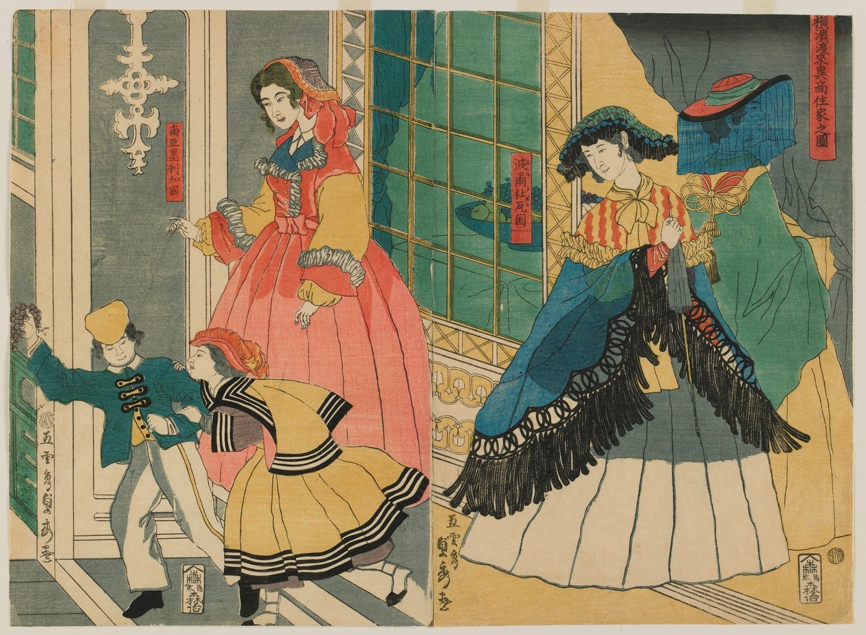 Imagem da residência de comerciantes estrangeiros do exterior: Portugal e América do Sul, período Edo, 1861 (impressão em xilogravura a cores) de Utagawa Sadahide