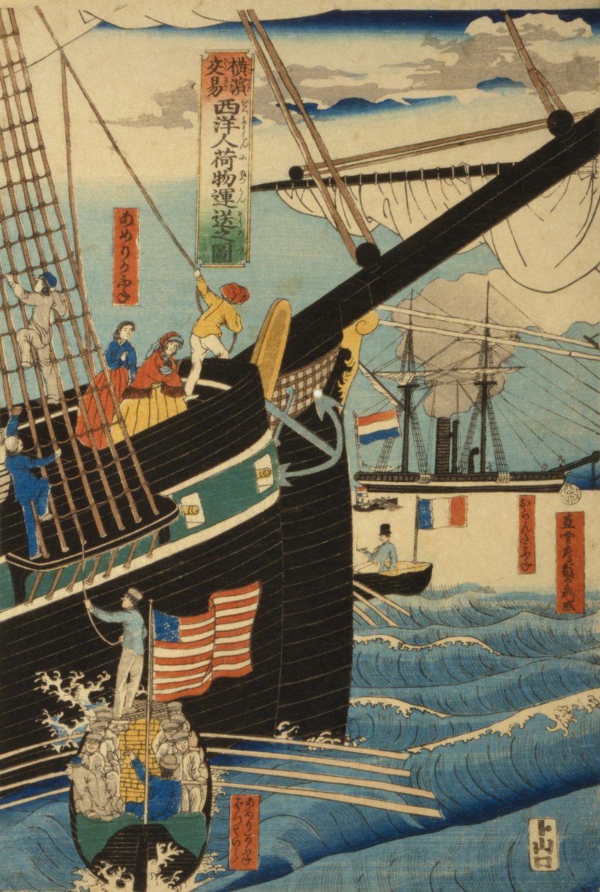 Comerciantes ocidentais em Yokohama transportando carga e passageiros, 1861 de Utagawa Sadahide