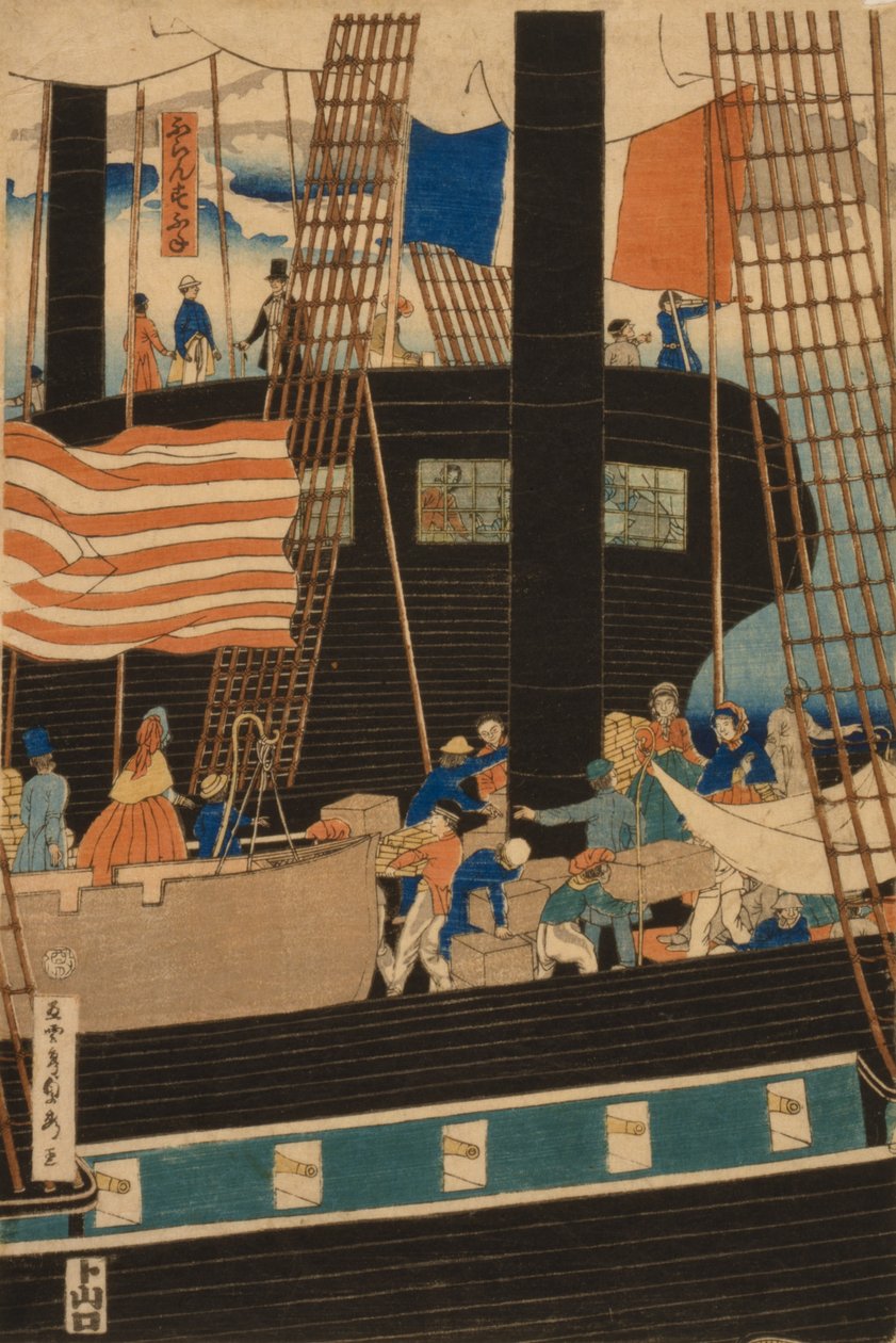 Comerciantes ocidentais carregando carga em Yokohama, 1861 de Utagawa Sadahide