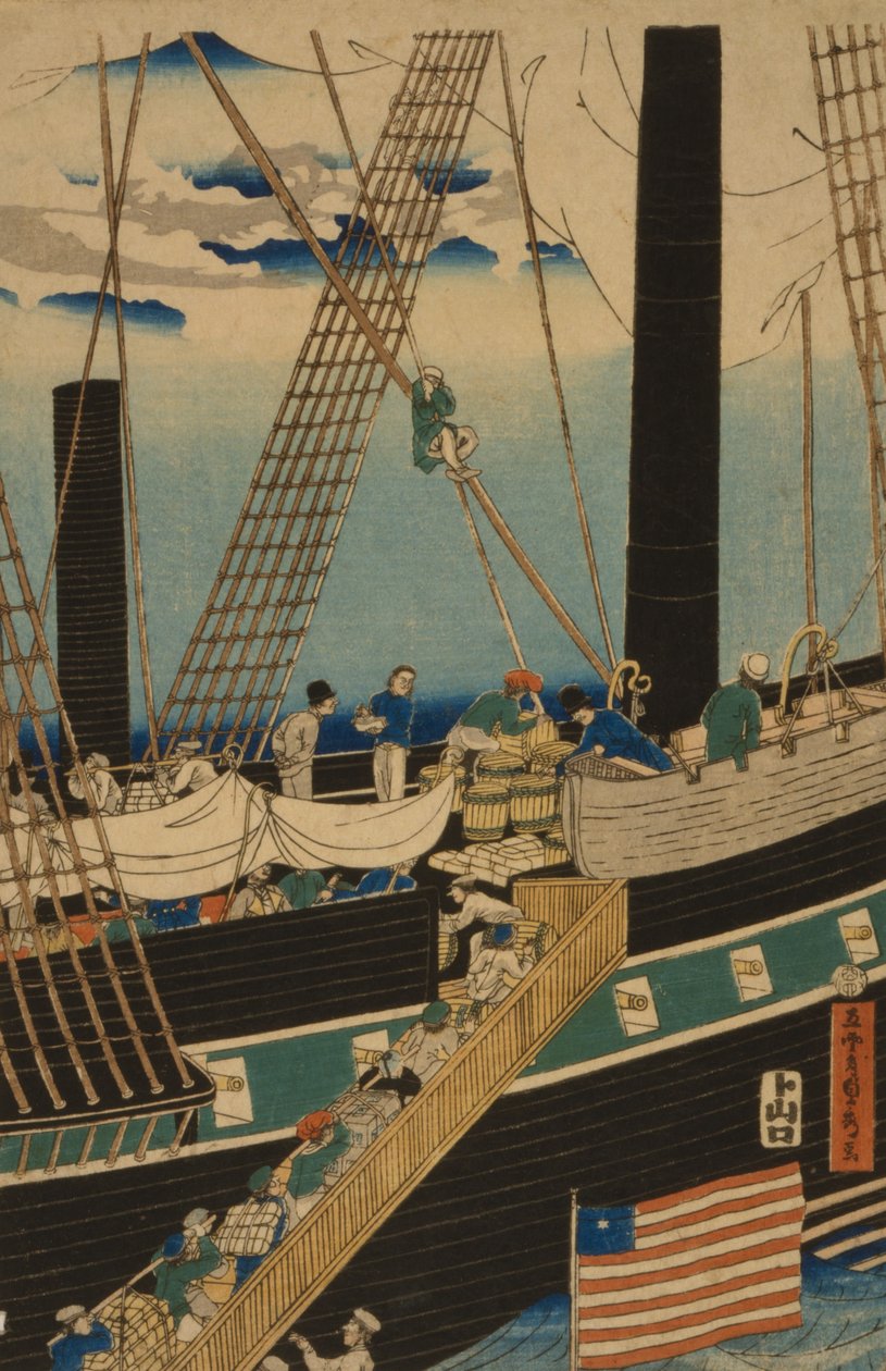 Comerciantes ocidentais carregando carga em Yokohama, 1861 de Utagawa Sadahide