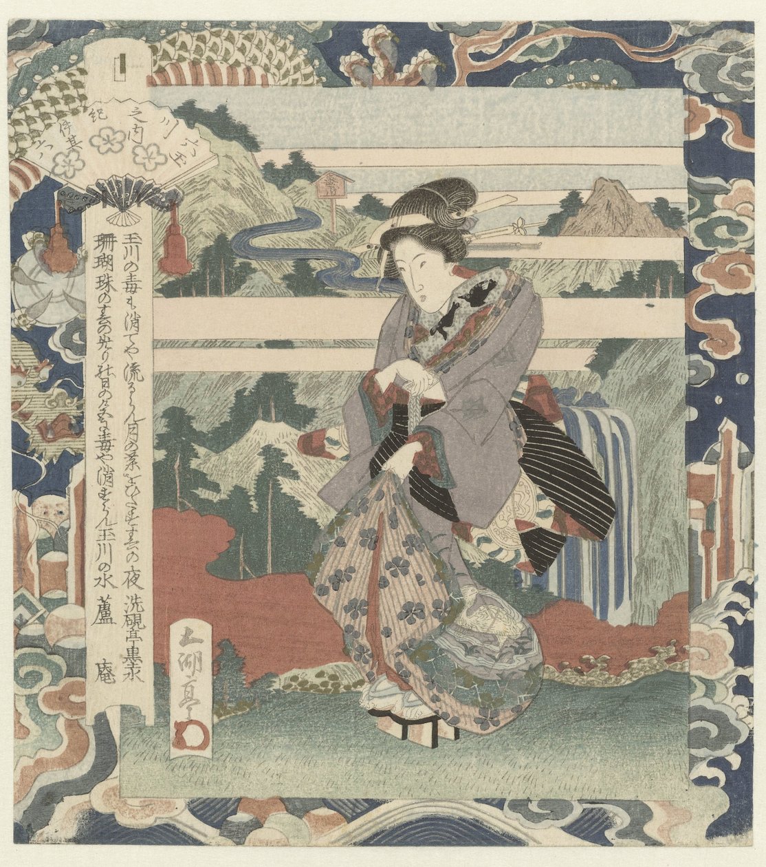 Mulher no penhasco O rio Kôya em Kii, número seis Kii - sono roku (título no objeto) The Six Jewel Rivers (título da série) Mutamagawa no uchi (título da série no objeto) de Utagawa Sadakage