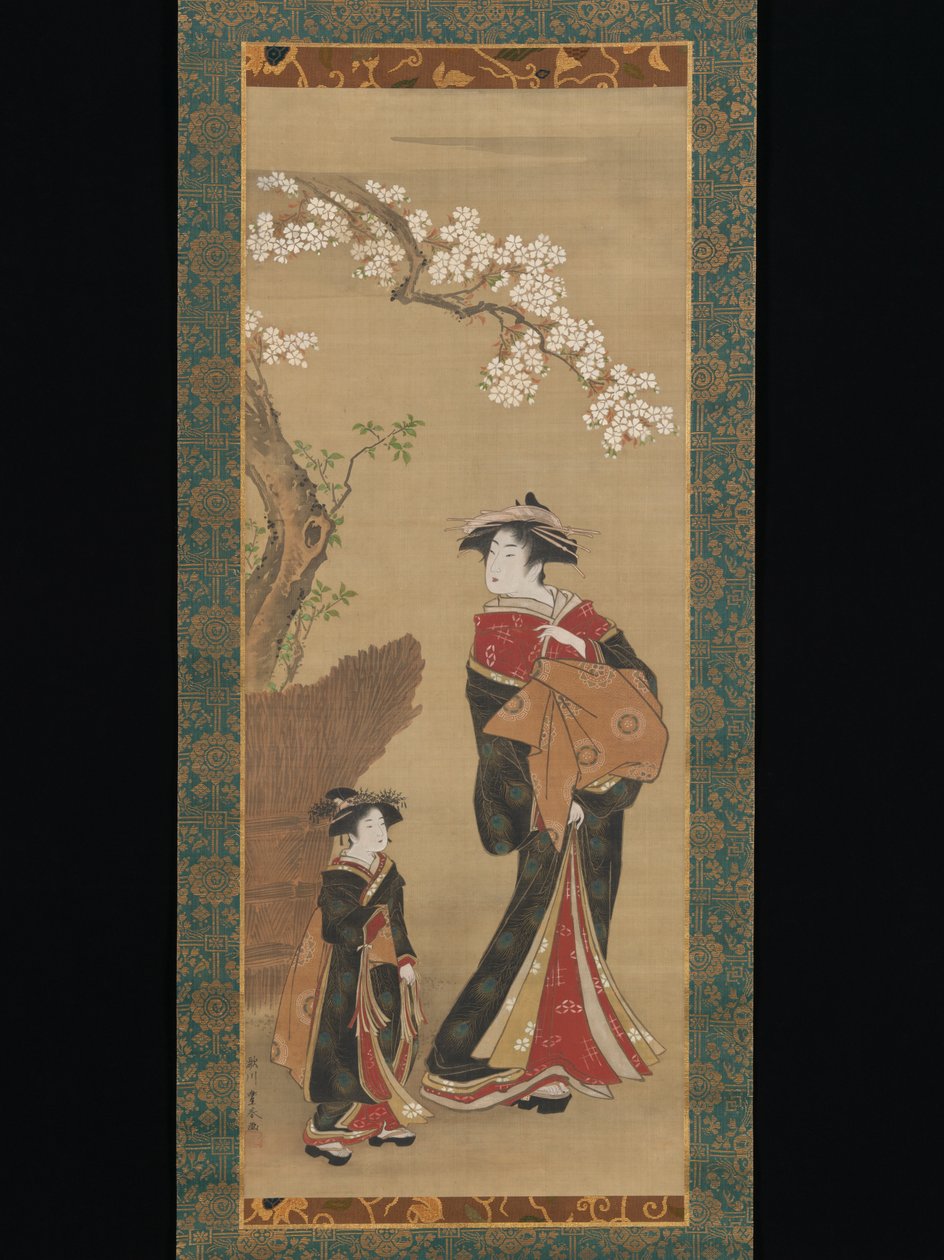 Cortesã e sua acompanhante sob uma cerejeira de Utagawa Toyoharu