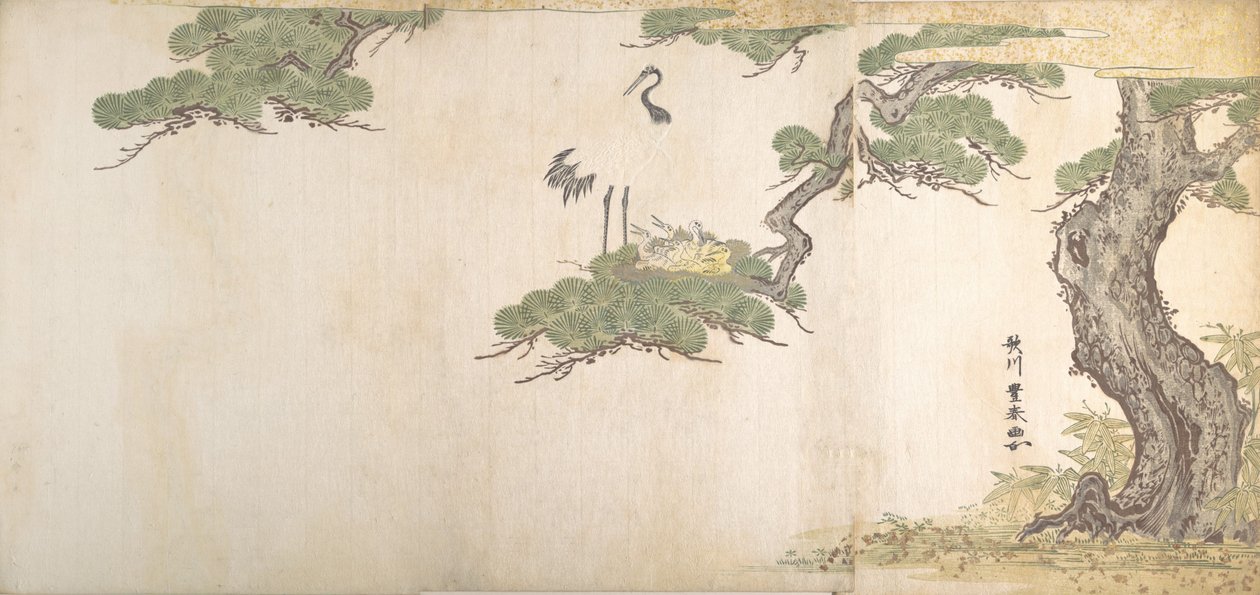 Guindaste e seus filhotes nos ramos de um pinheiro, ca. 1790. de Utagawa Toyoharu