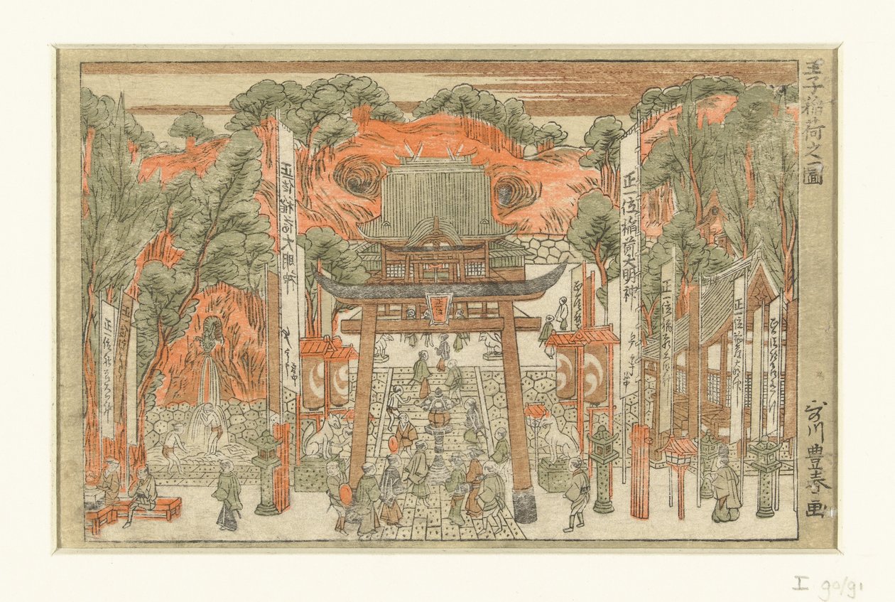 Vista do santuário Inari em Oji
Oji Inari no zu (título sobre o objecto) de Utagawa Toyoharu