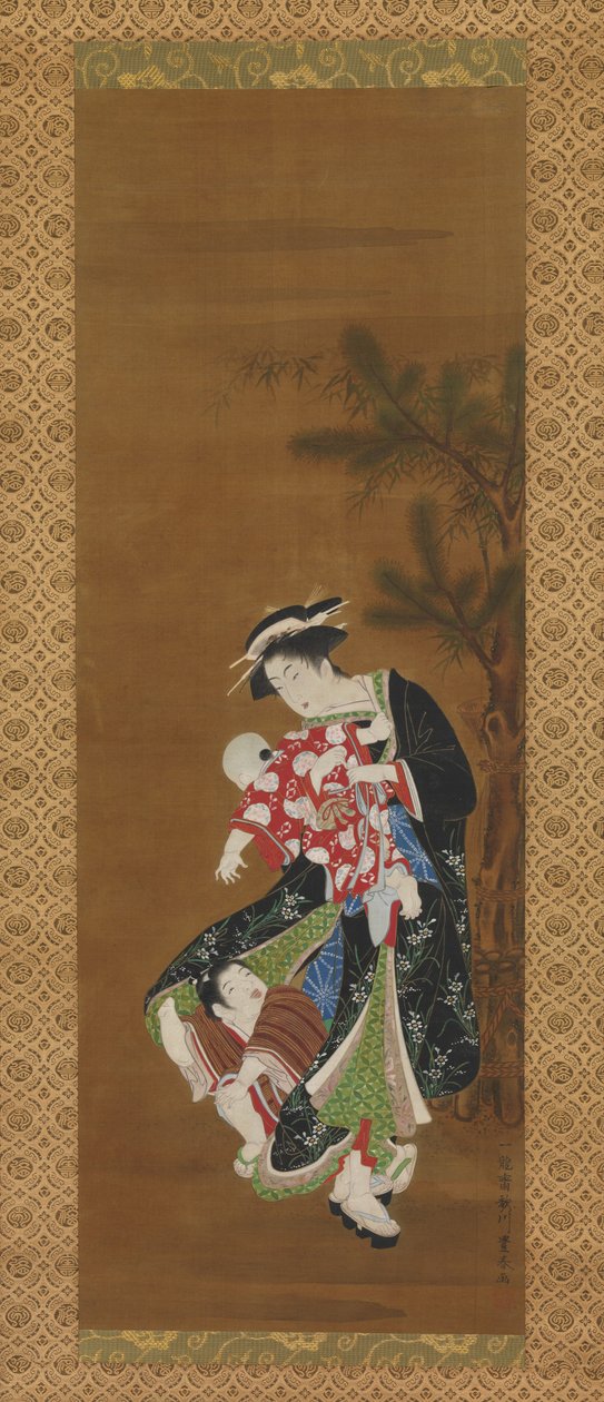 Mãe e filhos no ano novo (tinta e cor na seda) de Utagawa Toyoharu