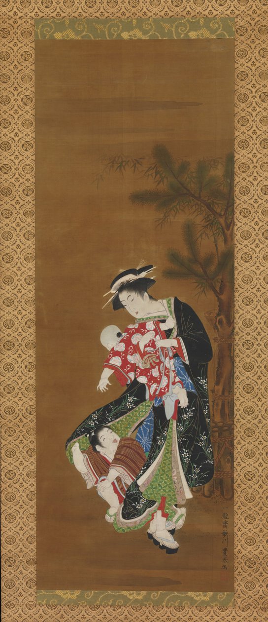Mãe e filhos no ano novo, século XVIII. de Utagawa Toyoharu