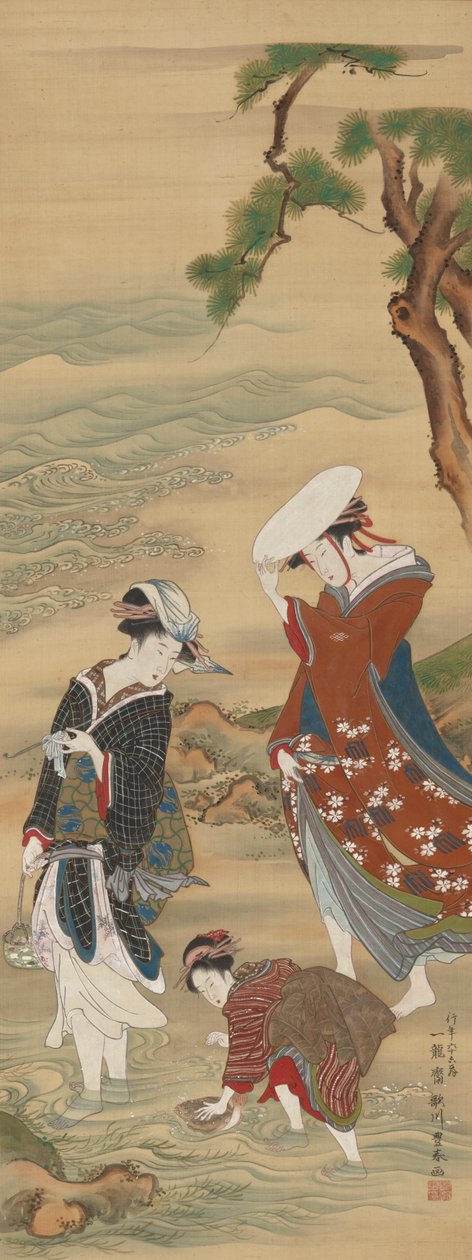 Duas mulheres e uma menina à beira-mar, 1735-1814. de Utagawa Toyoharu