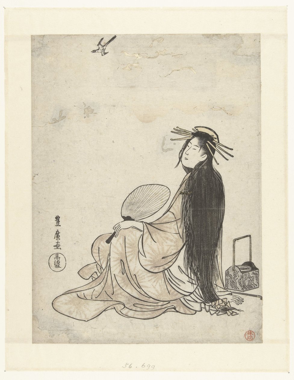 Cortesã com ventilador e utensílios para fumar olhando para o cuco de Utagawa Toyohiro
